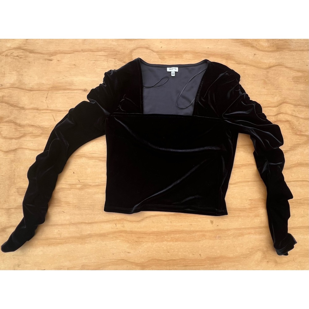 Selfie Leslie Black Velvet Square Neck Ruched Long Sleeve Blouse Top Medium